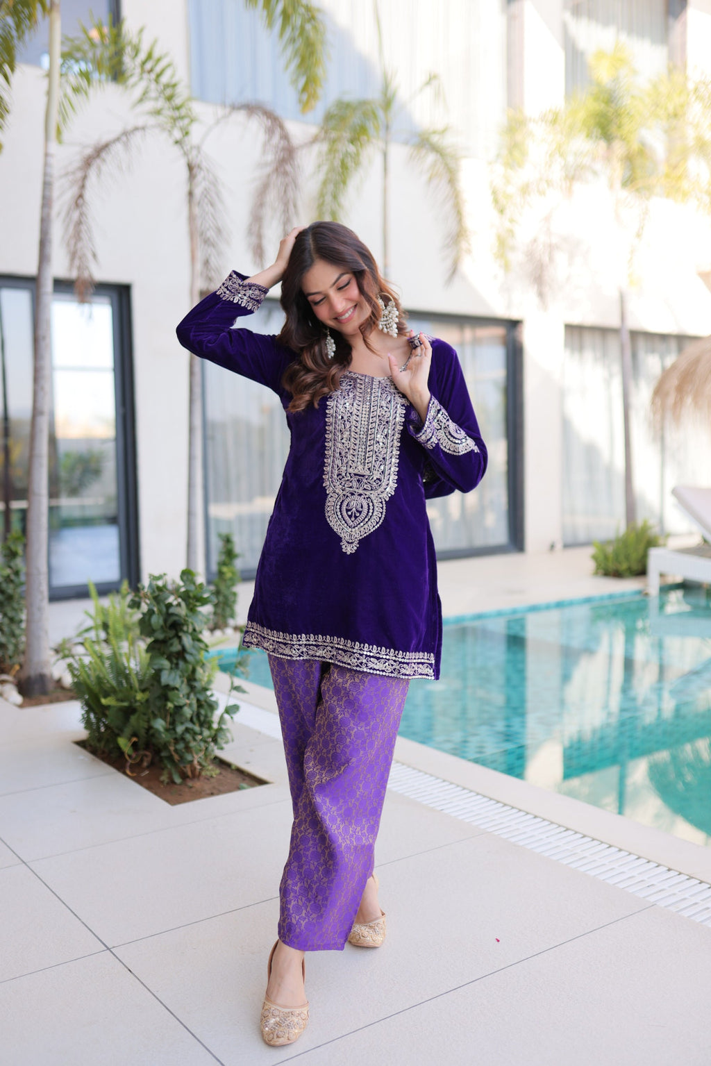Lorenvalley Fashion Purple 9000 Velvet with Rich Zari Coding Embroidered Work Kurta Pant with Batwa | Grocsy