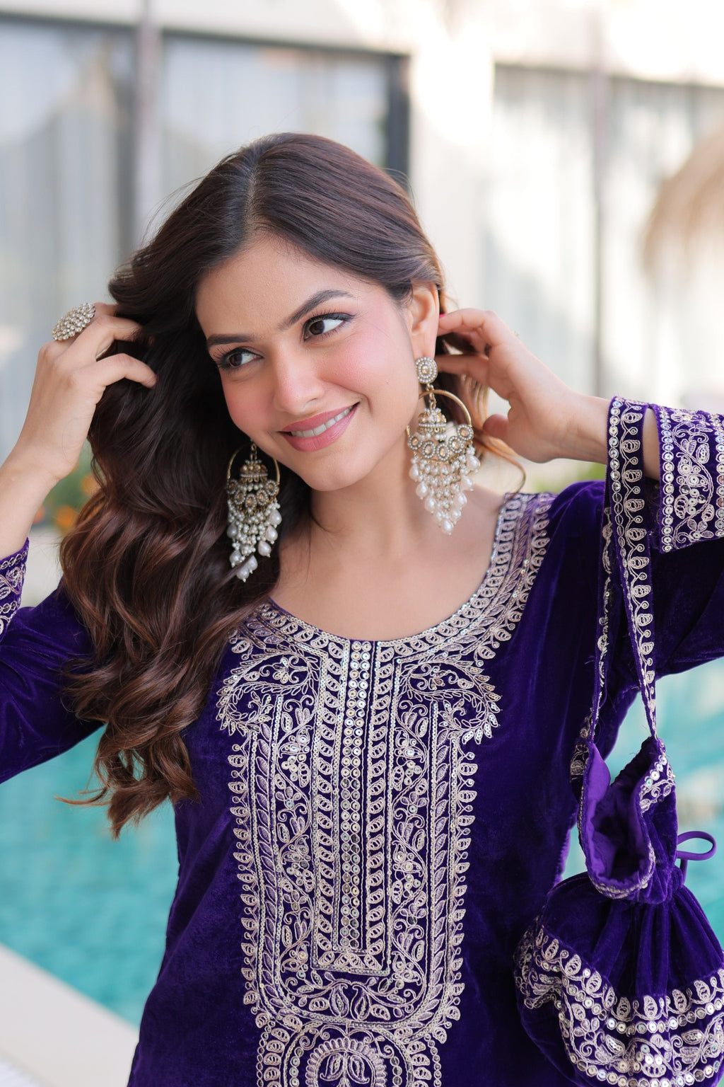 Lorenvalley Fashion Purple 9000 Velvet with Rich Zari Coding Embroidered Work Kurta Pant with Batwa | Grocsy