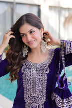 Lorenvalley Fashion Purple 9000 Velvet with Rich Zari Coding Embroidered Work Kurta Pant with Batwa | Grocsy