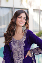Lorenvalley Fashion Purple 9000 Velvet with Rich Zari Coding Embroidered Work Kurta Pant with Batwa | Grocsy