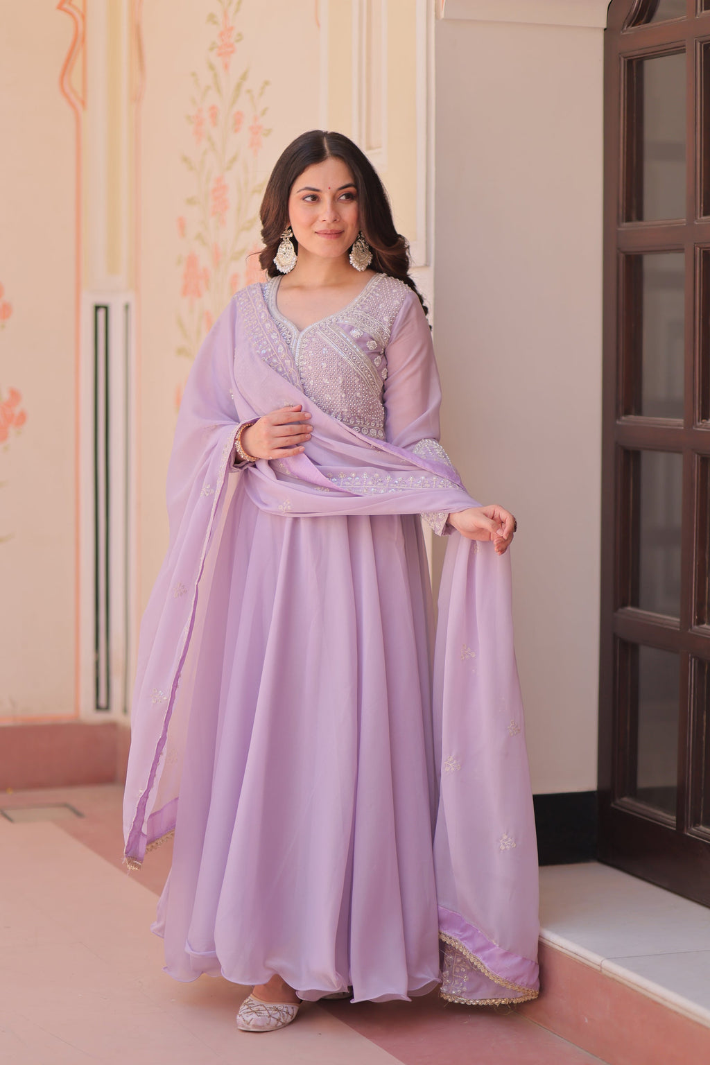 Lorenvalley Fashion Lavender Star Georgette With Rich Sequins Coding & Beads Embroidered work Gown with Dupatta | Grocsy