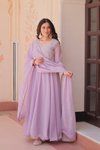 Lorenvalley Fashion Lavender Star Georgette With Rich Sequins Coding & Beads Embroidered work Gown with Dupatta | Grocsy