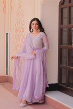 Lorenvalley Fashion Lavender Star Georgette With Rich Sequins Coding & Beads Embroidered work Gown with Dupatta | Grocsy