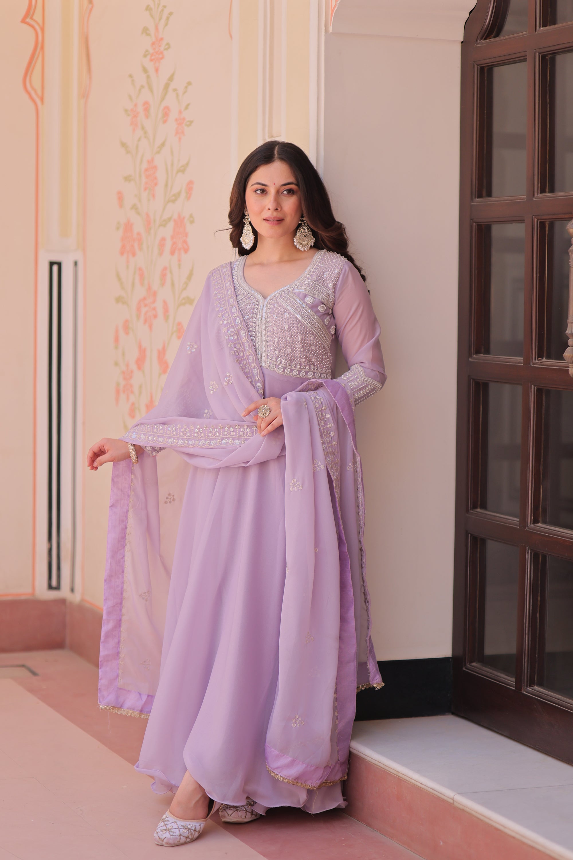 Lorenvalley Fashion Lavender Star Georgette With Rich Sequins Coding & Beads Embroidered work Gown with Dupatta | Grocsy