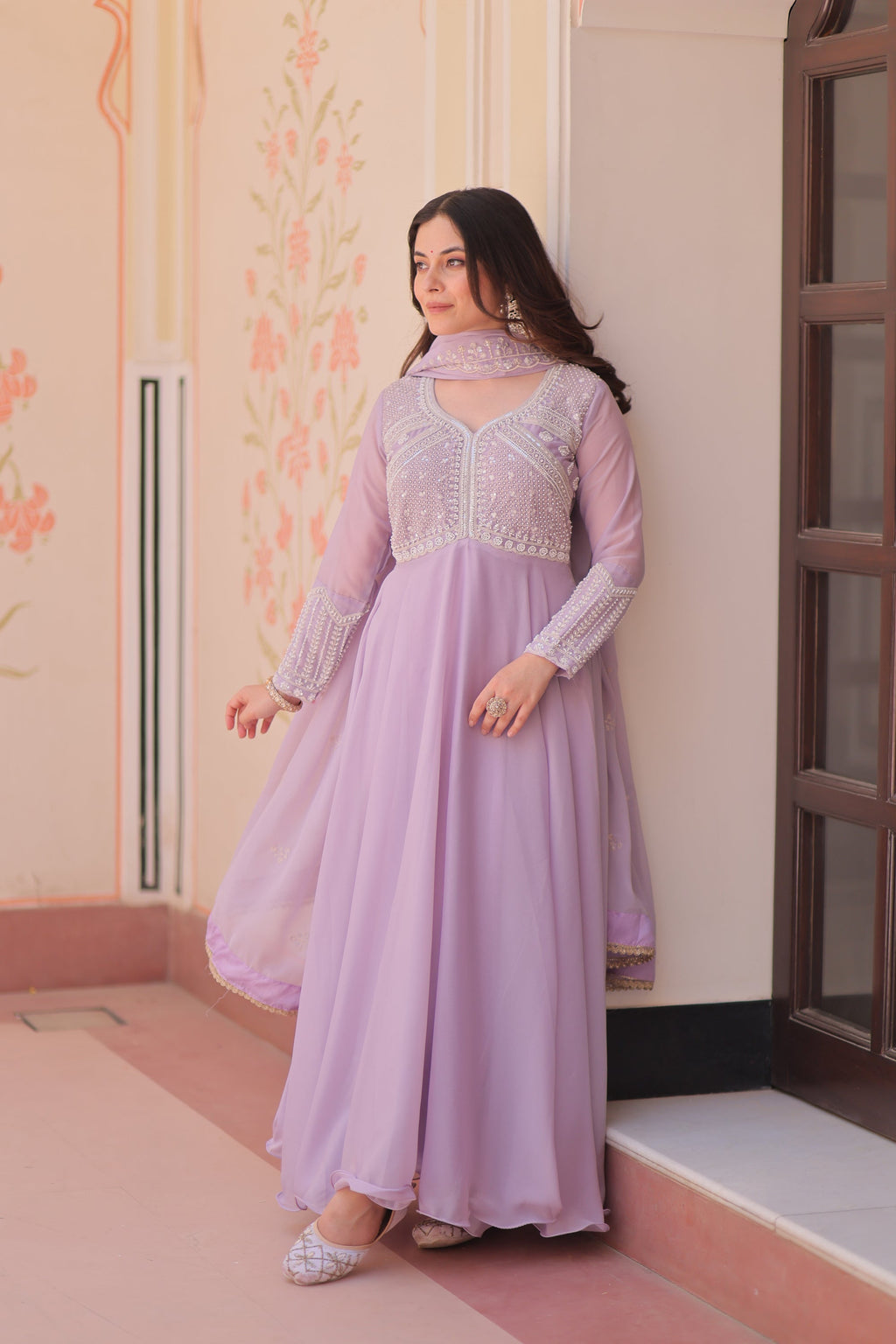 Lorenvalley Fashion Lavender Star Georgette With Rich Sequins Coding & Beads Embroidered work Gown with Dupatta | Grocsy