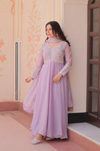 Lorenvalley Fashion Lavender Star Georgette With Rich Sequins Coding & Beads Embroidered work Gown with Dupatta | Grocsy