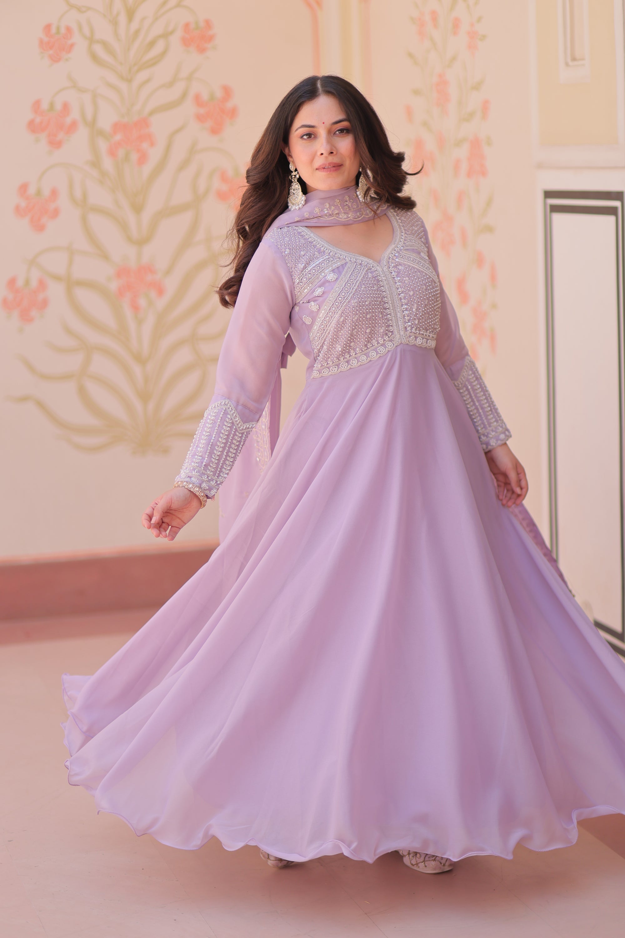 Lorenvalley Fashion Lavender Star Georgette With Rich Sequins Coding & Beads Embroidered work Gown with Dupatta | Grocsy