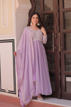 Lorenvalley Fashion Lavender Star Georgette With Rich Sequins Coding & Beads Embroidered work Gown with Dupatta | Grocsy