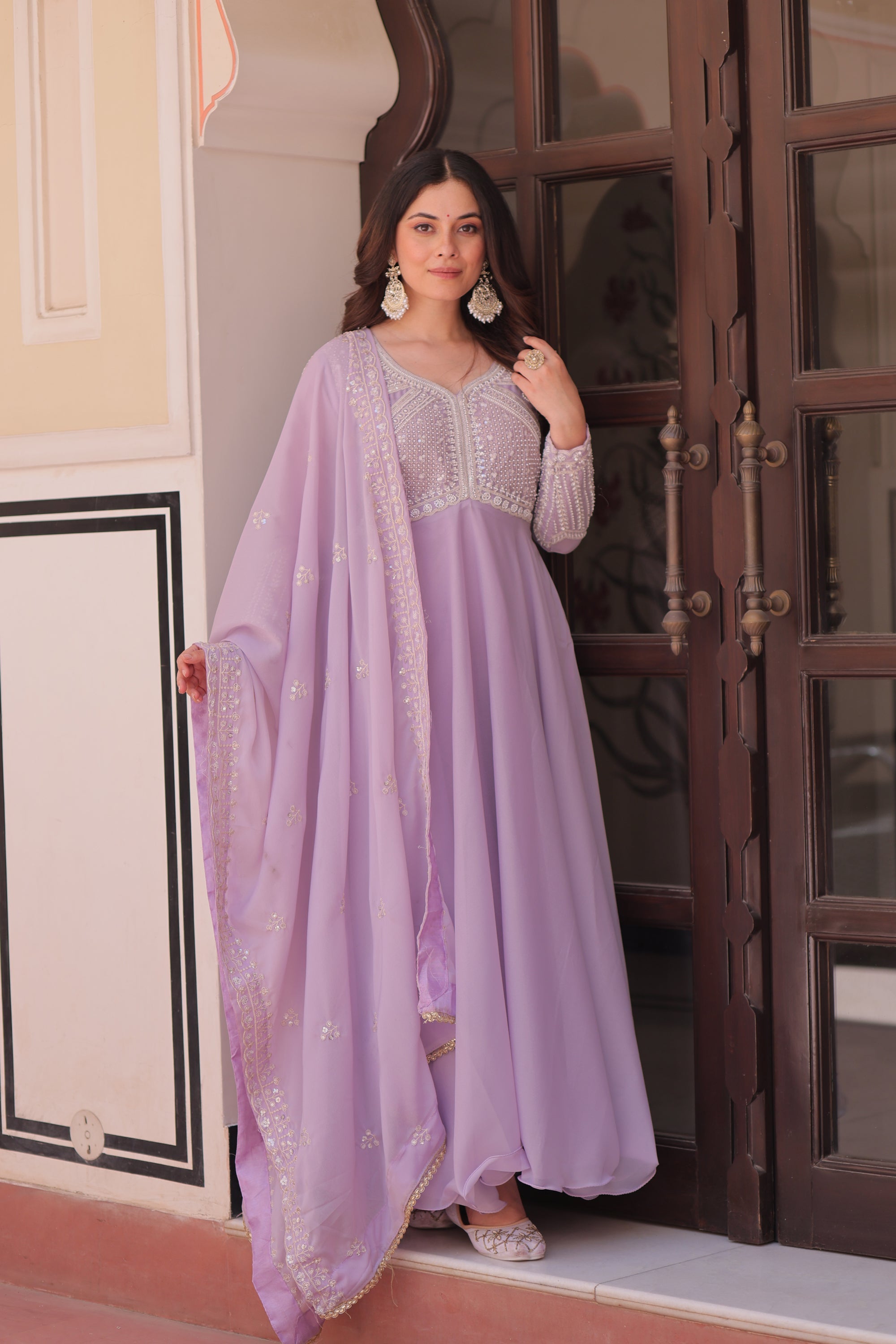 Lorenvalley Fashion Lavender Star Georgette With Rich Sequins Coding & Beads Embroidered work Gown with Dupatta | Grocsy