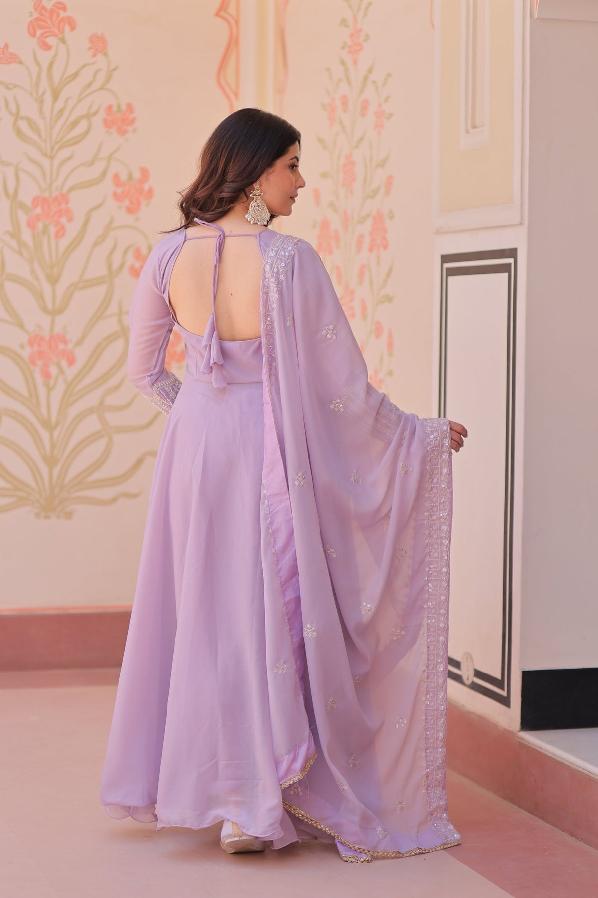 Lorenvalley Fashion Lavender Star Georgette With Rich Sequins Coding & Beads Embroidered work Gown with Dupatta | Grocsy
