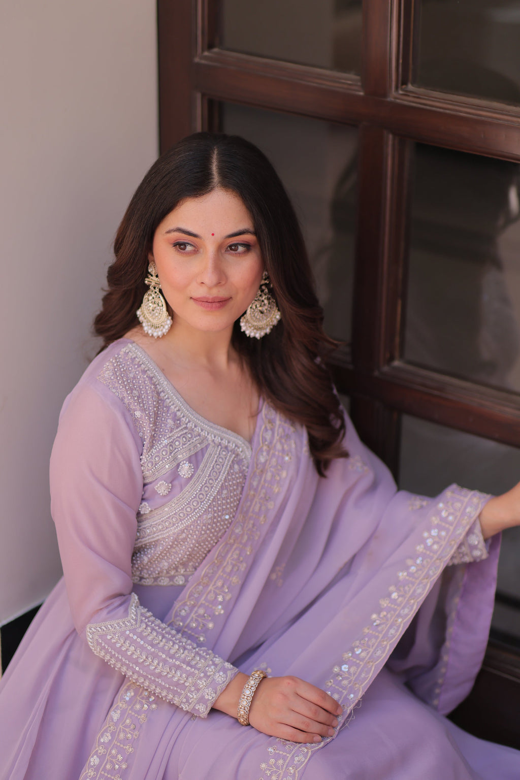 Lorenvalley Fashion Lavender Star Georgette With Rich Sequins Coding & Beads Embroidered work Gown with Dupatta | Grocsy