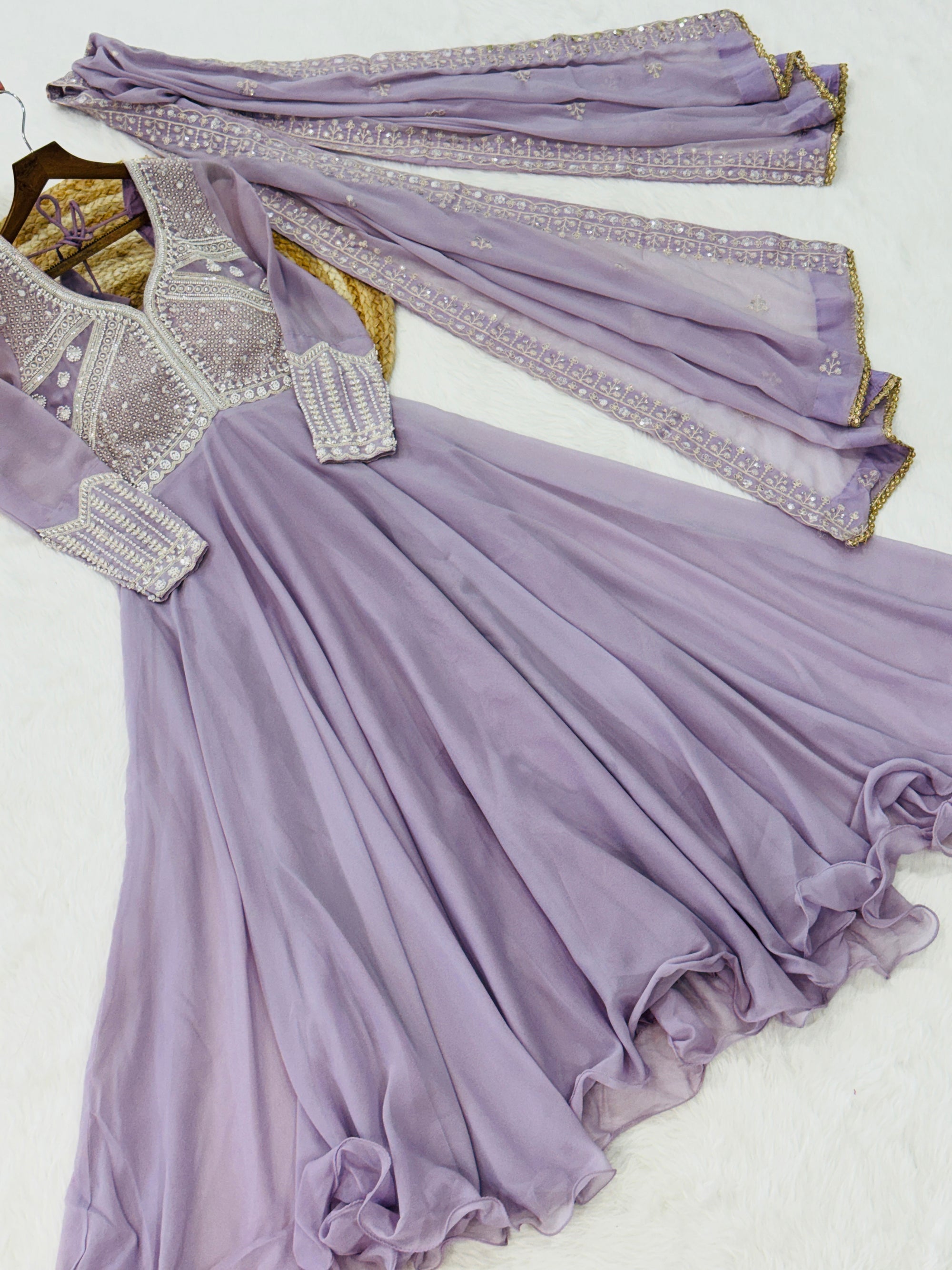 Lorenvalley Fashion Lavender Star Georgette With Rich Sequins Coding & Beads Embroidered work Gown with Dupatta | Grocsy