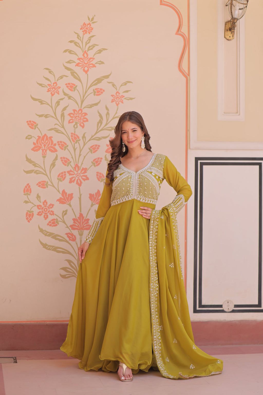 Lorenvalley Fashion Mehendi Star Georgette With Rich Sequins Coding & Beads Embroidered work Gown with Dupatta | Grocsy