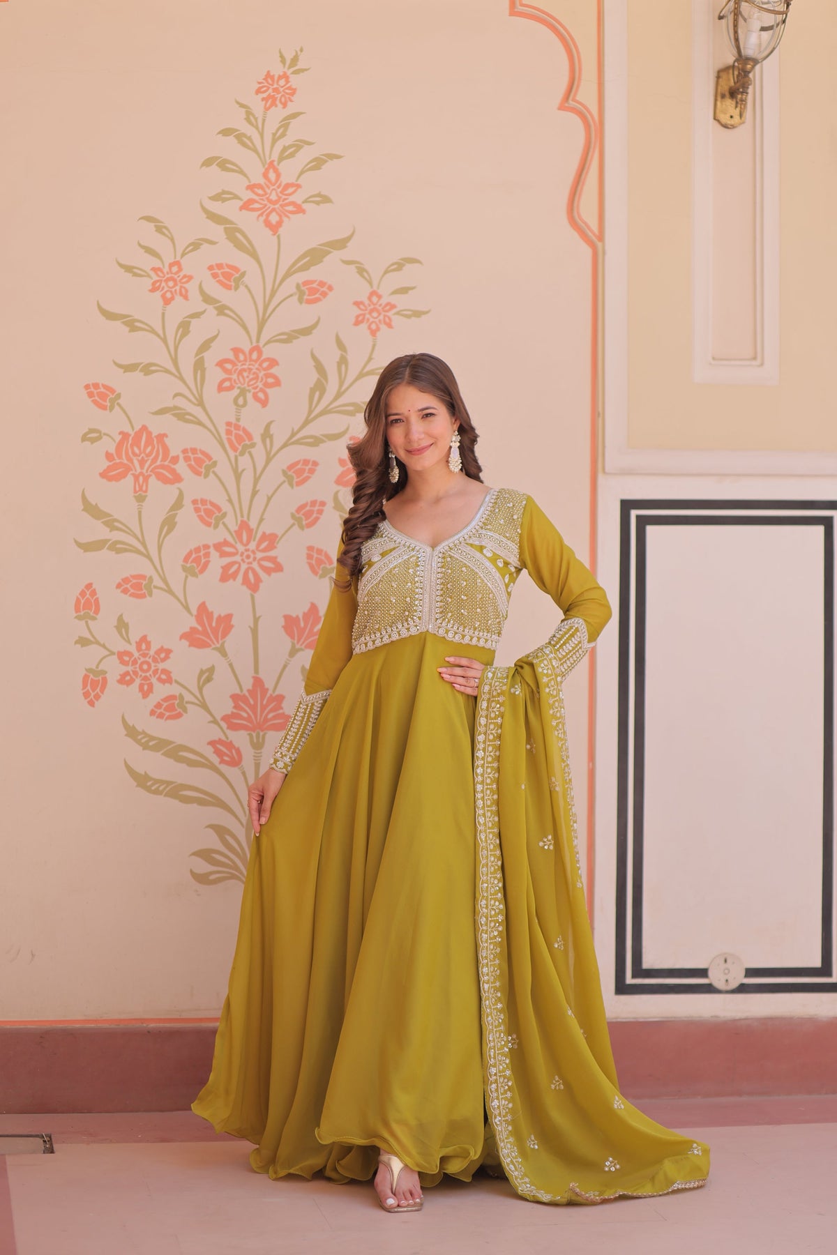 Lorenvalley Fashion Mehendi Star Georgette With Rich Sequins Coding & Beads Embroidered work Gown with Dupatta | Grocsy