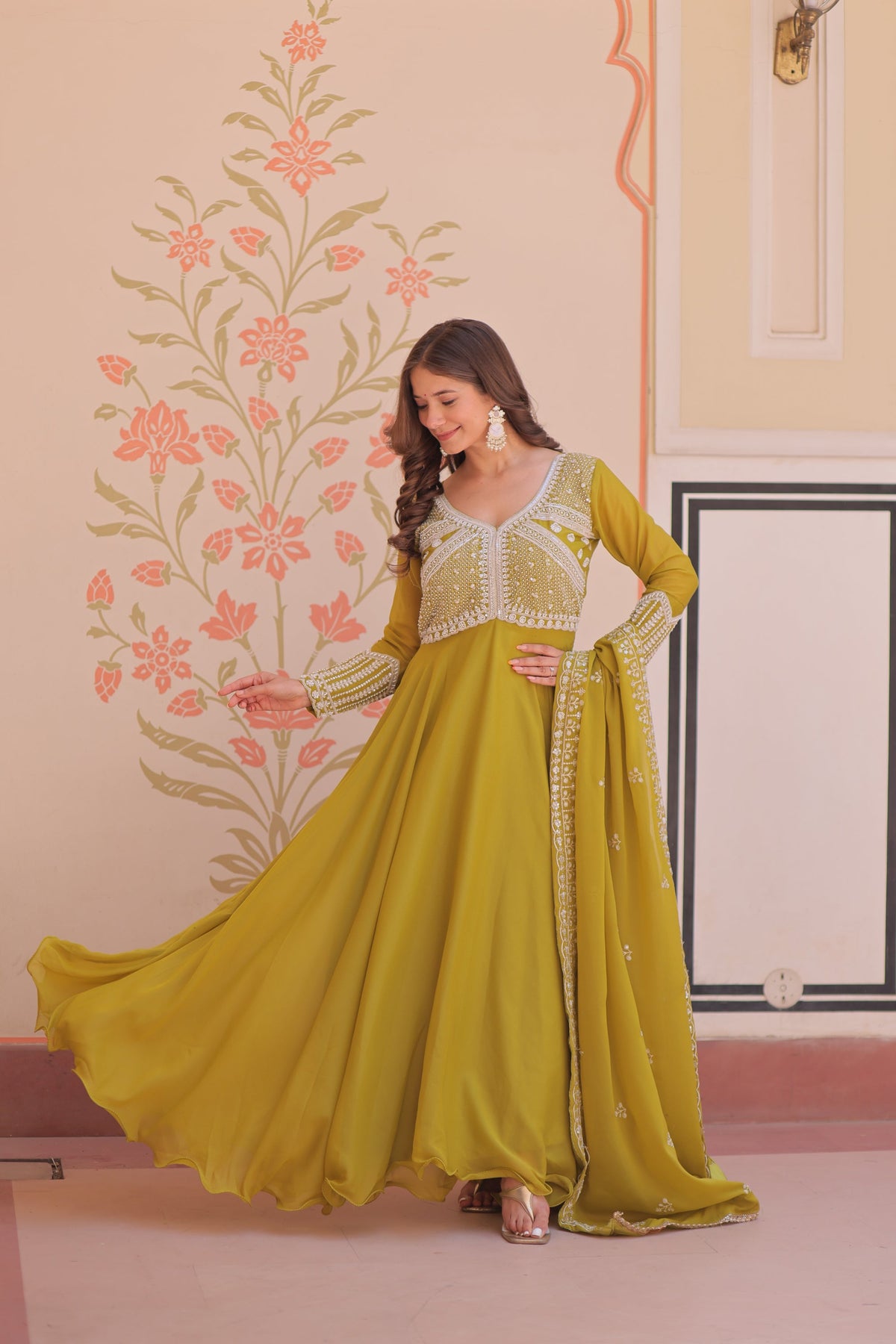Lorenvalley Fashion Mehendi Star Georgette With Rich Sequins Coding & Beads Embroidered work Gown with Dupatta | Grocsy