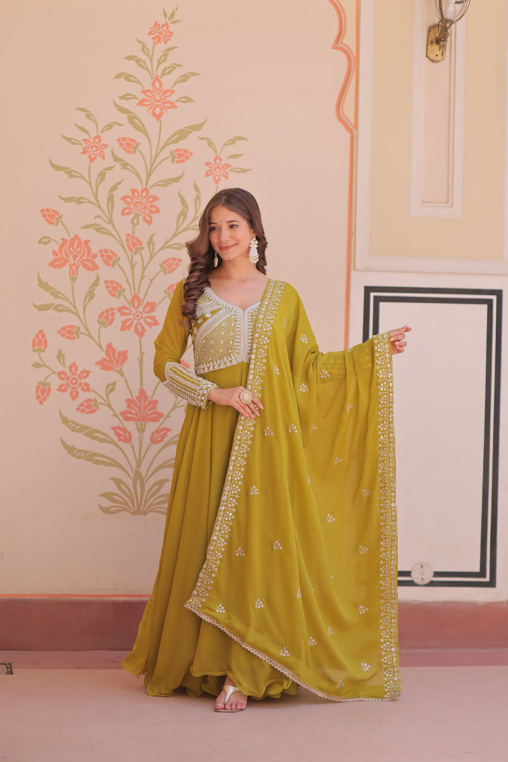 Lorenvalley Fashion Mehendi Star Georgette With Rich Sequins Coding & Beads Embroidered work Gown with Dupatta | Grocsy