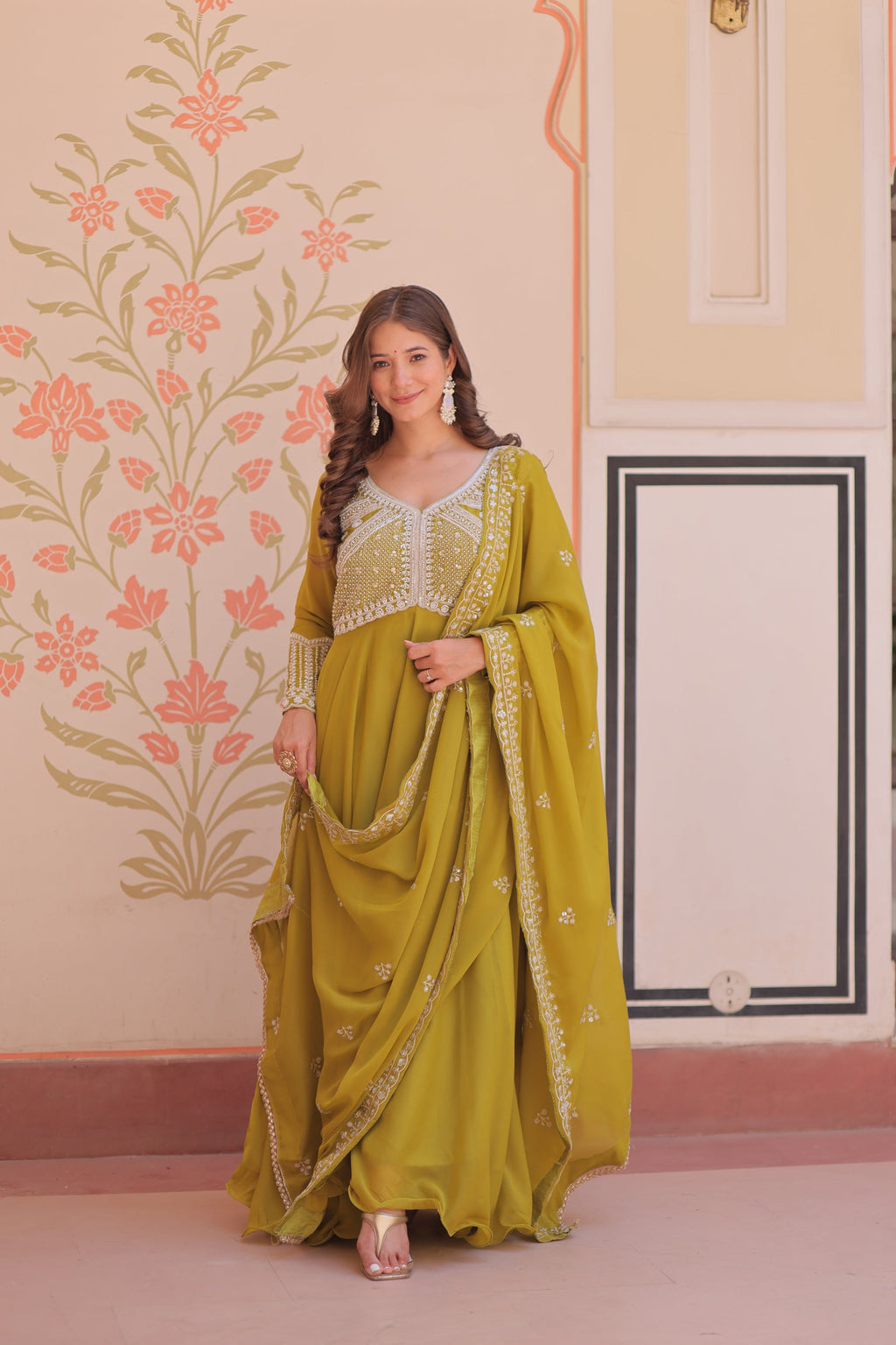 Lorenvalley Fashion Mehendi Star Georgette With Rich Sequins Coding & Beads Embroidered work Gown with Dupatta | Grocsy