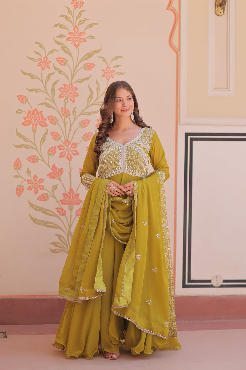 Lorenvalley Fashion Mehendi Star Georgette With Rich Sequins Coding & Beads Embroidered work Gown with Dupatta | Grocsy