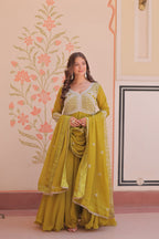 Lorenvalley Fashion Mehendi Star Georgette With Rich Sequins Coding & Beads Embroidered work Gown with Dupatta | Grocsy
