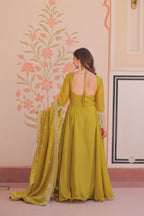 Lorenvalley Fashion Mehendi Star Georgette With Rich Sequins Coding & Beads Embroidered work Gown with Dupatta | Grocsy