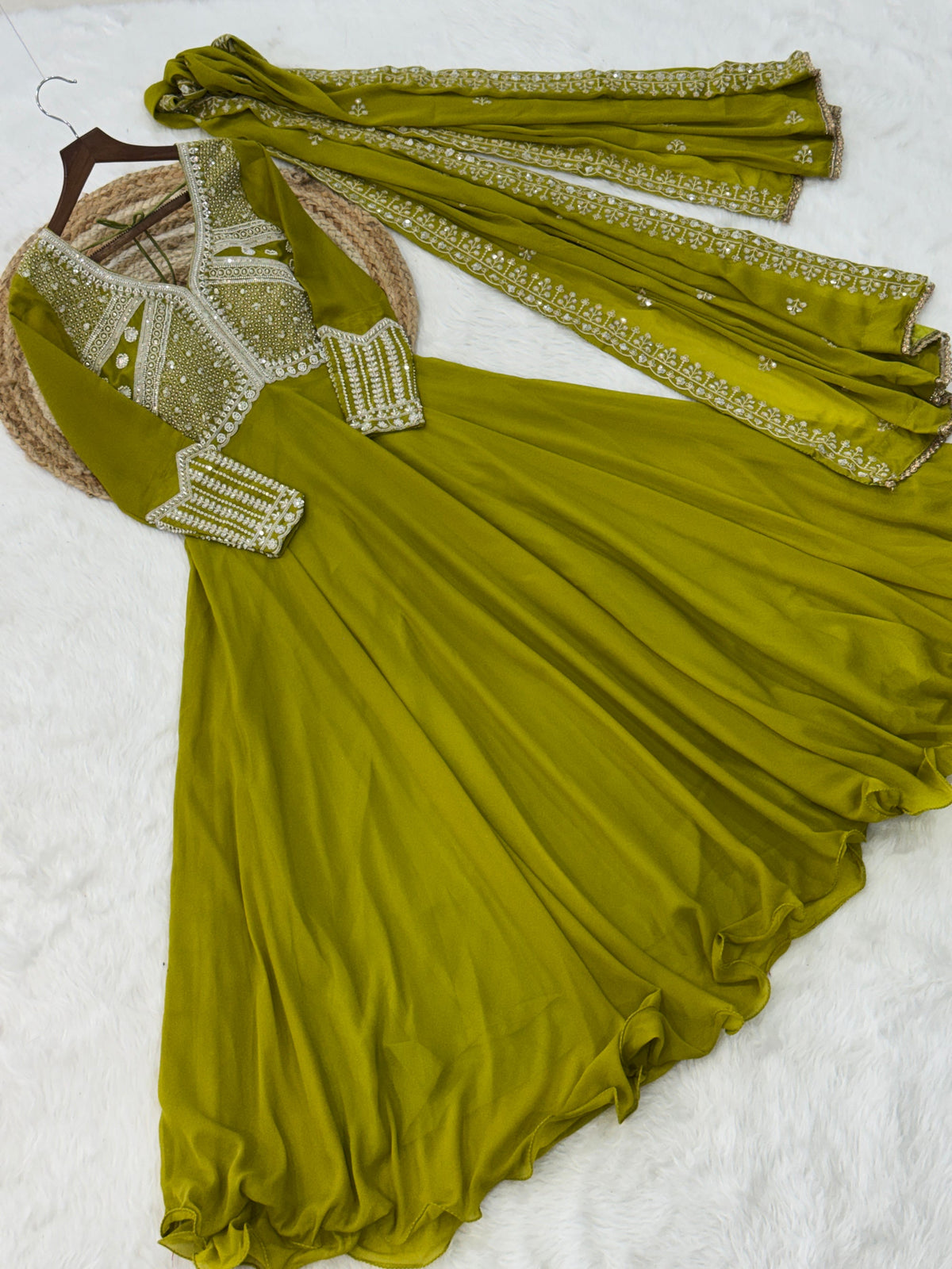 Lorenvalley Fashion Mehendi Star Georgette With Rich Sequins Coding & Beads Embroidered work Gown with Dupatta | Grocsy