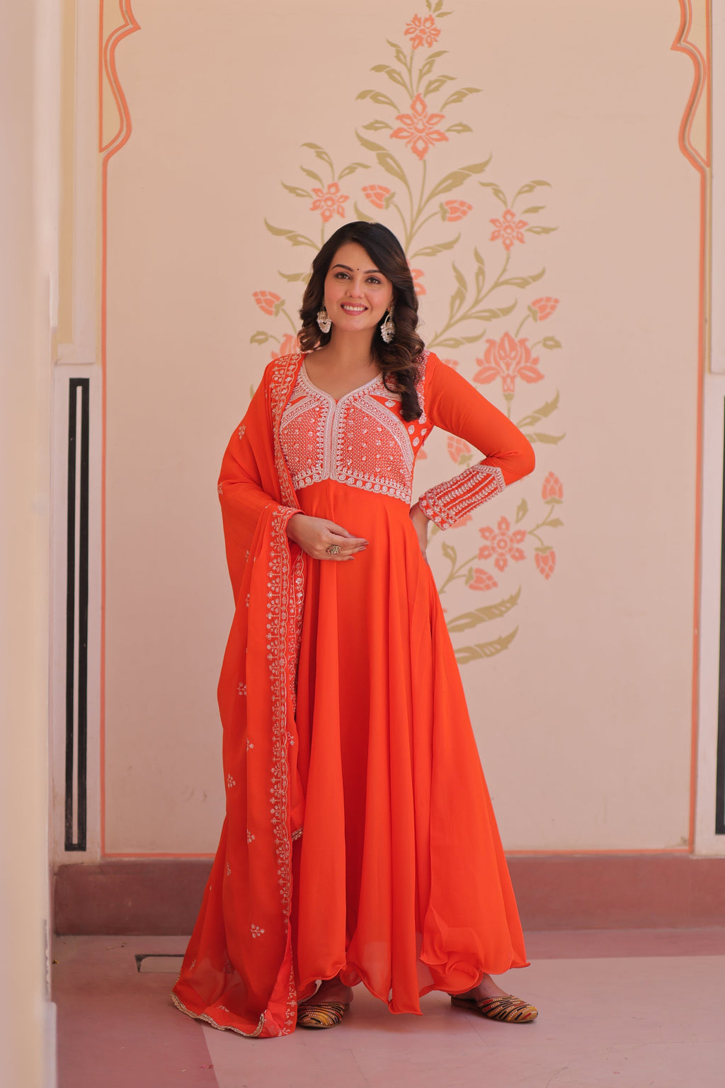 Lorenvalley Fashion Orange Star Georgette With Rich Sequins Coding & Beads Embroidered work Gown with Dupatta | Grocsy