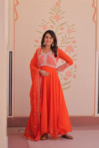 Lorenvalley Fashion Orange Star Georgette With Rich Sequins Coding & Beads Embroidered work Gown with Dupatta | Grocsy