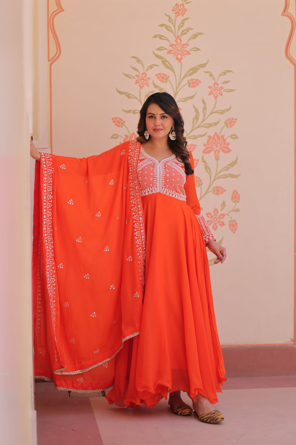 Lorenvalley Fashion Orange Star Georgette With Rich Sequins Coding & Beads Embroidered work Gown with Dupatta | Grocsy