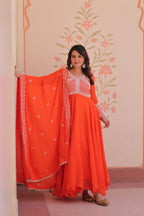 Lorenvalley Fashion Orange Star Georgette With Rich Sequins Coding & Beads Embroidered work Gown with Dupatta | Grocsy