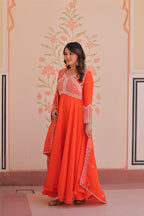 Lorenvalley Fashion Orange Star Georgette With Rich Sequins Coding & Beads Embroidered work Gown with Dupatta | Grocsy