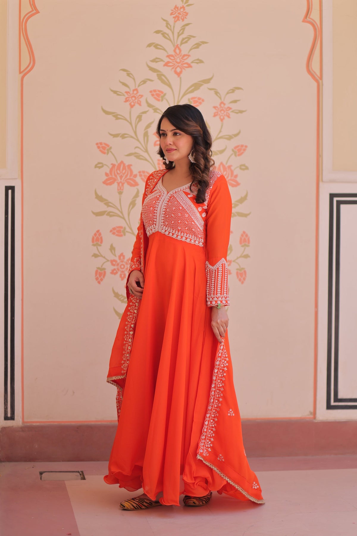 Lorenvalley Fashion Orange Star Georgette With Rich Sequins Coding & Beads Embroidered work Gown with Dupatta | Grocsy