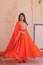 Lorenvalley Fashion Orange Star Georgette With Rich Sequins Coding & Beads Embroidered work Gown with Dupatta | Grocsy