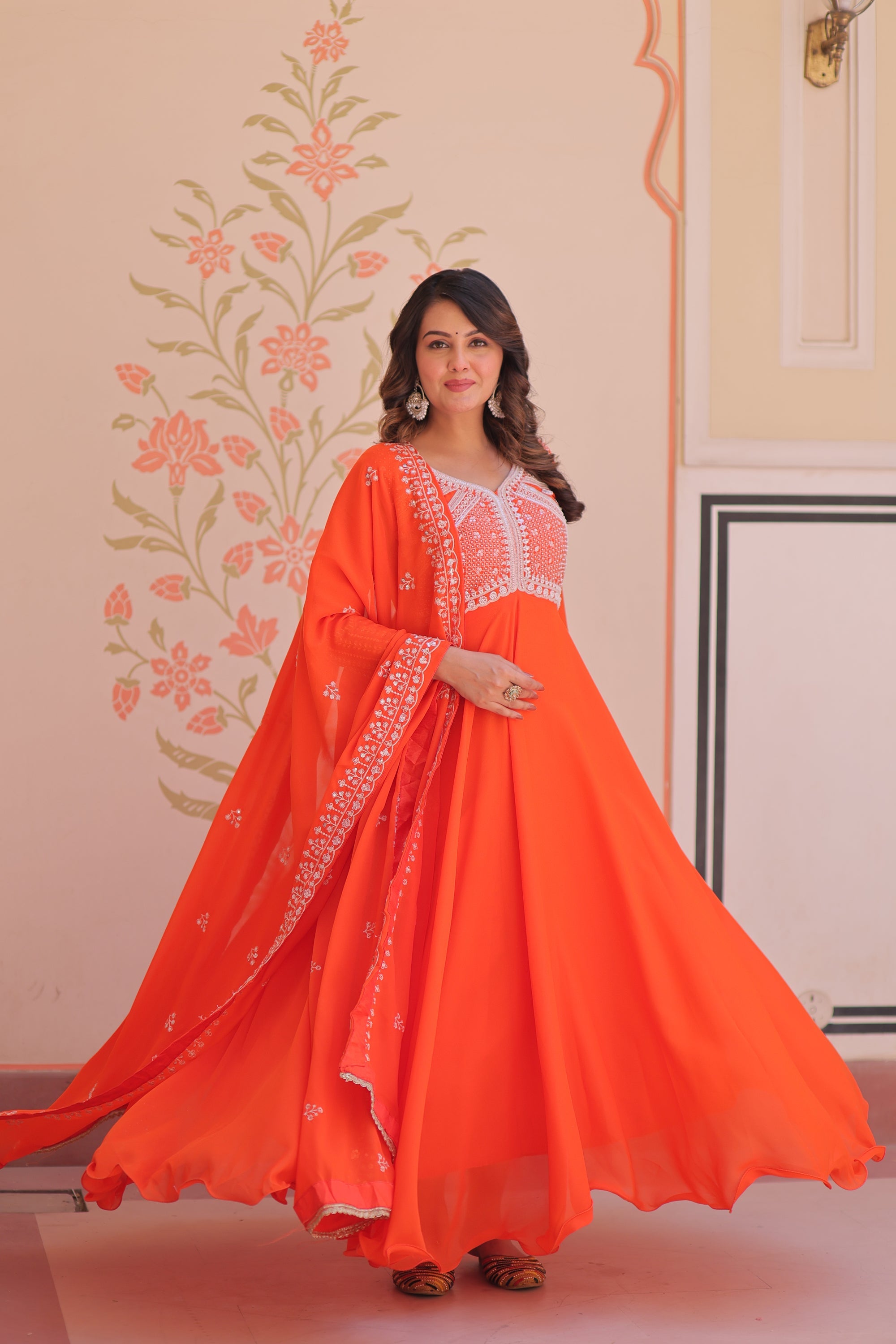 Lorenvalley Fashion Orange Star Georgette With Rich Sequins Coding & Beads Embroidered work Gown with Dupatta | Grocsy