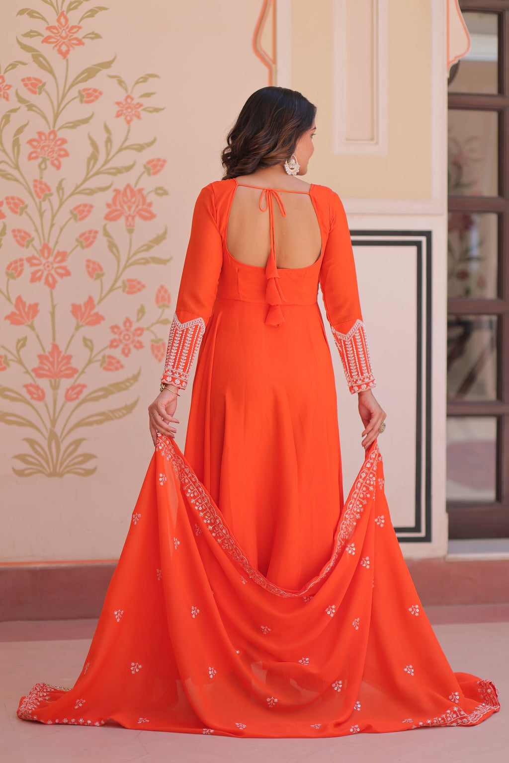 Lorenvalley Fashion Orange Star Georgette With Rich Sequins Coding & Beads Embroidered work Gown with Dupatta | Grocsy