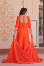 Lorenvalley Fashion Orange Star Georgette With Rich Sequins Coding & Beads Embroidered work Gown with Dupatta | Grocsy