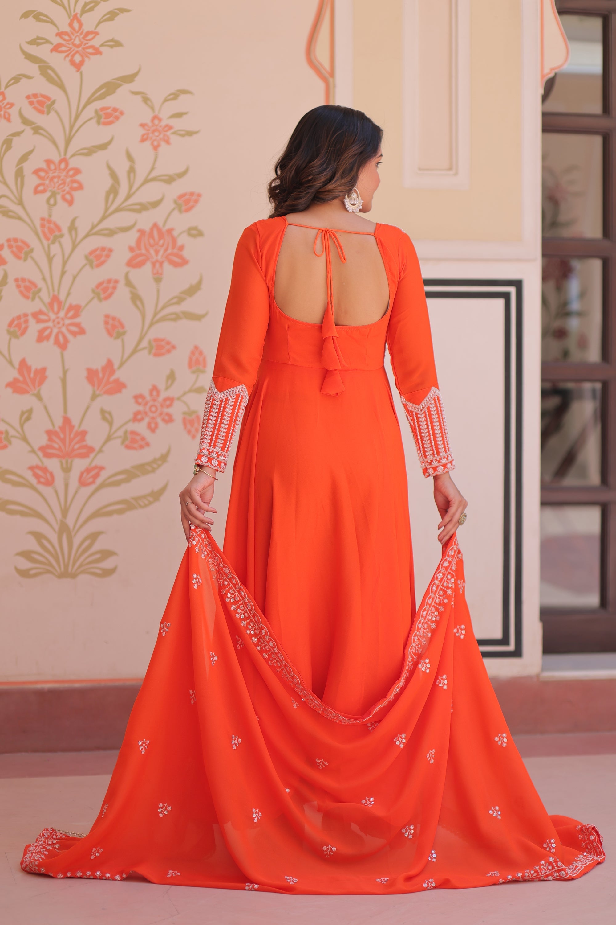Lorenvalley Fashion Orange Star Georgette With Rich Sequins Coding & Beads Embroidered work Gown with Dupatta | Grocsy