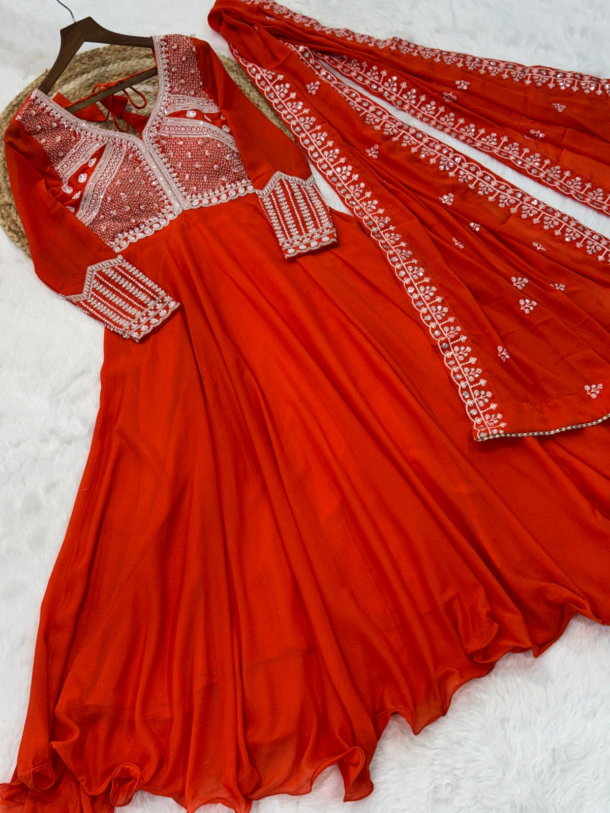 Lorenvalley Fashion Orange Star Georgette With Rich Sequins Coding & Beads Embroidered work Gown with Dupatta | Grocsy