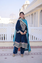 Lorenvalley Fashion Rama 9000 Velvet with Sequins & Coding & Thread Embroidered work Kurta Pant with Dupatta | Grocsy
