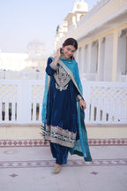Lorenvalley Fashion Rama 9000 Velvet with Sequins & Coding & Thread Embroidered work Kurta Pant with Dupatta | Grocsy
