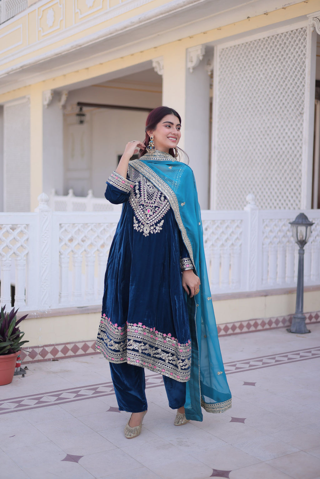 Lorenvalley Fashion Rama 9000 Velvet with Sequins & Coding & Thread Embroidered work Kurta Pant with Dupatta | Grocsy