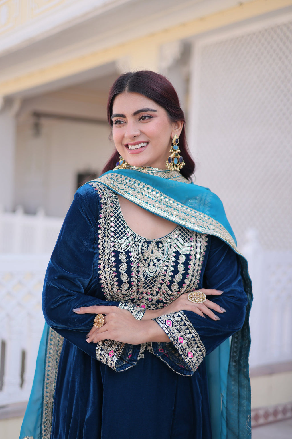 Lorenvalley Fashion Rama 9000 Velvet with Sequins & Coding & Thread Embroidered work Kurta Pant with Dupatta | Grocsy