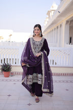 Lorenvalley Fashion Wine 9000 Velvet with Sequins & Coding & Thread Embroidered work Kurta Pant with Dupatta | Grocsy