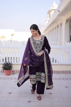 Lorenvalley Fashion Wine 9000 Velvet with Sequins & Coding & Thread Embroidered work Kurta Pant with Dupatta | Grocsy