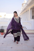 Lorenvalley Fashion Wine 9000 Velvet with Sequins & Coding & Thread Embroidered work Kurta Pant with Dupatta | Grocsy