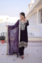Lorenvalley Fashion Wine 9000 Velvet with Sequins & Coding & Thread Embroidered work Kurta Pant with Dupatta | Grocsy