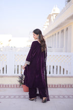 Lorenvalley Fashion Wine 9000 Velvet with Sequins & Coding & Thread Embroidered work Kurta Pant with Dupatta | Grocsy