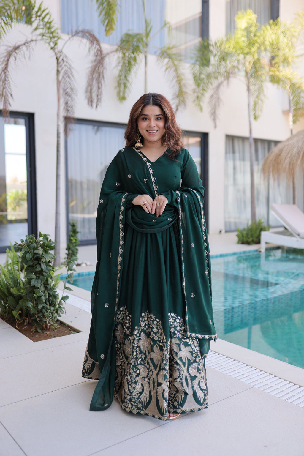 Lorenvalley Fashion Green Rangoli Crush With Sequins Multi Embroidered work Gown with Dupatta | Grocsy