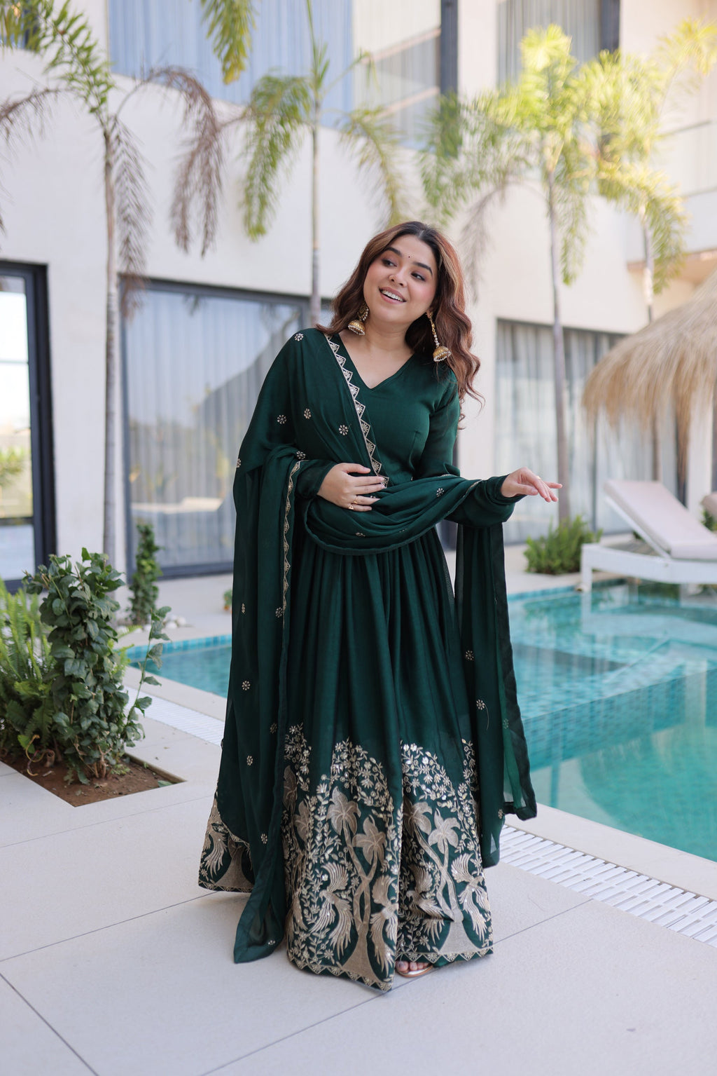 Lorenvalley Fashion Green Rangoli Crush With Sequins Multi Embroidered work Gown with Dupatta | Grocsy