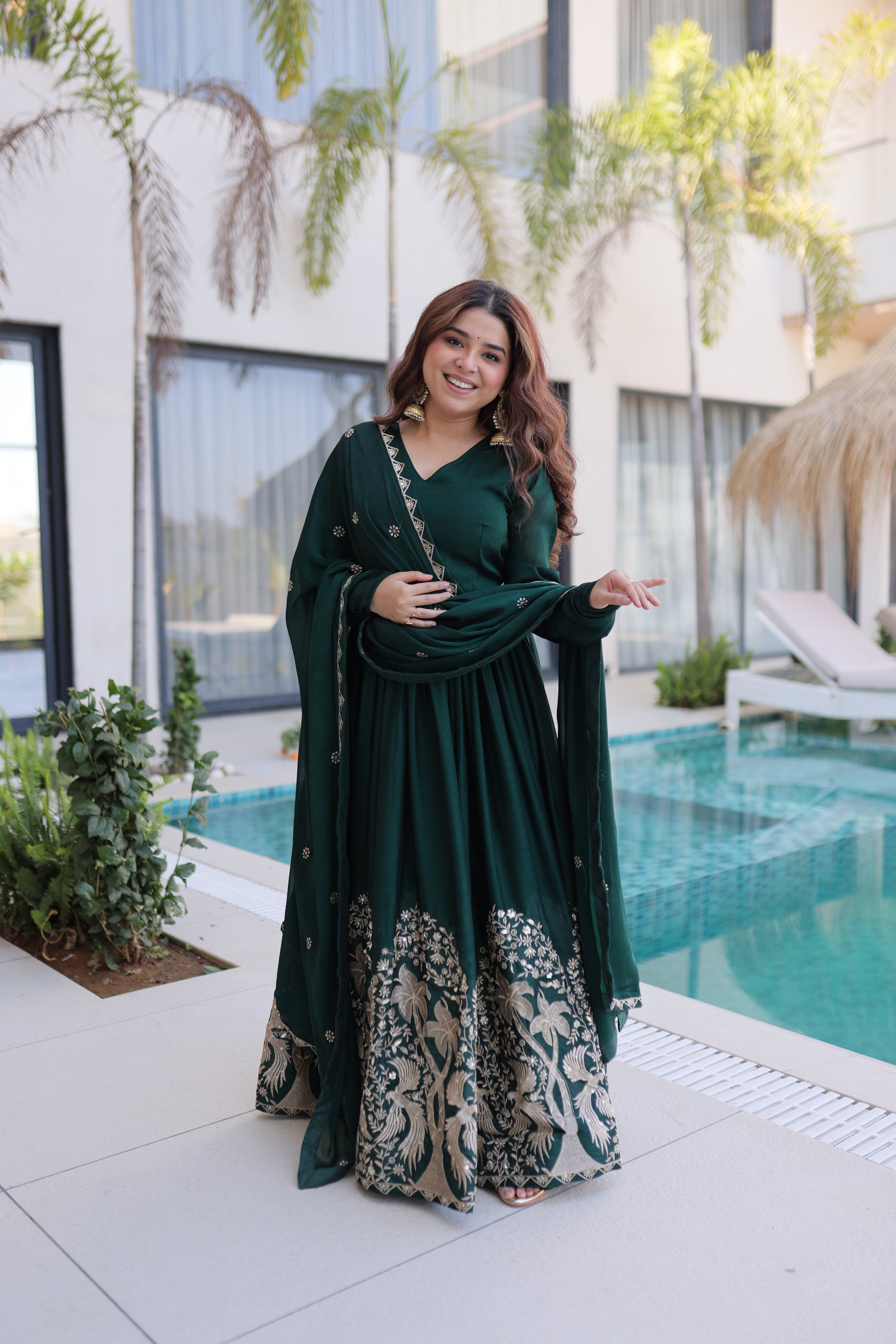 Lorenvalley Fashion Green Rangoli Crush With Sequins Multi Embroidered work Gown with Dupatta | Grocsy