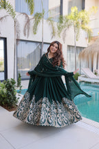 Lorenvalley Fashion Green Rangoli Crush With Sequins Multi Embroidered work Gown with Dupatta | Grocsy